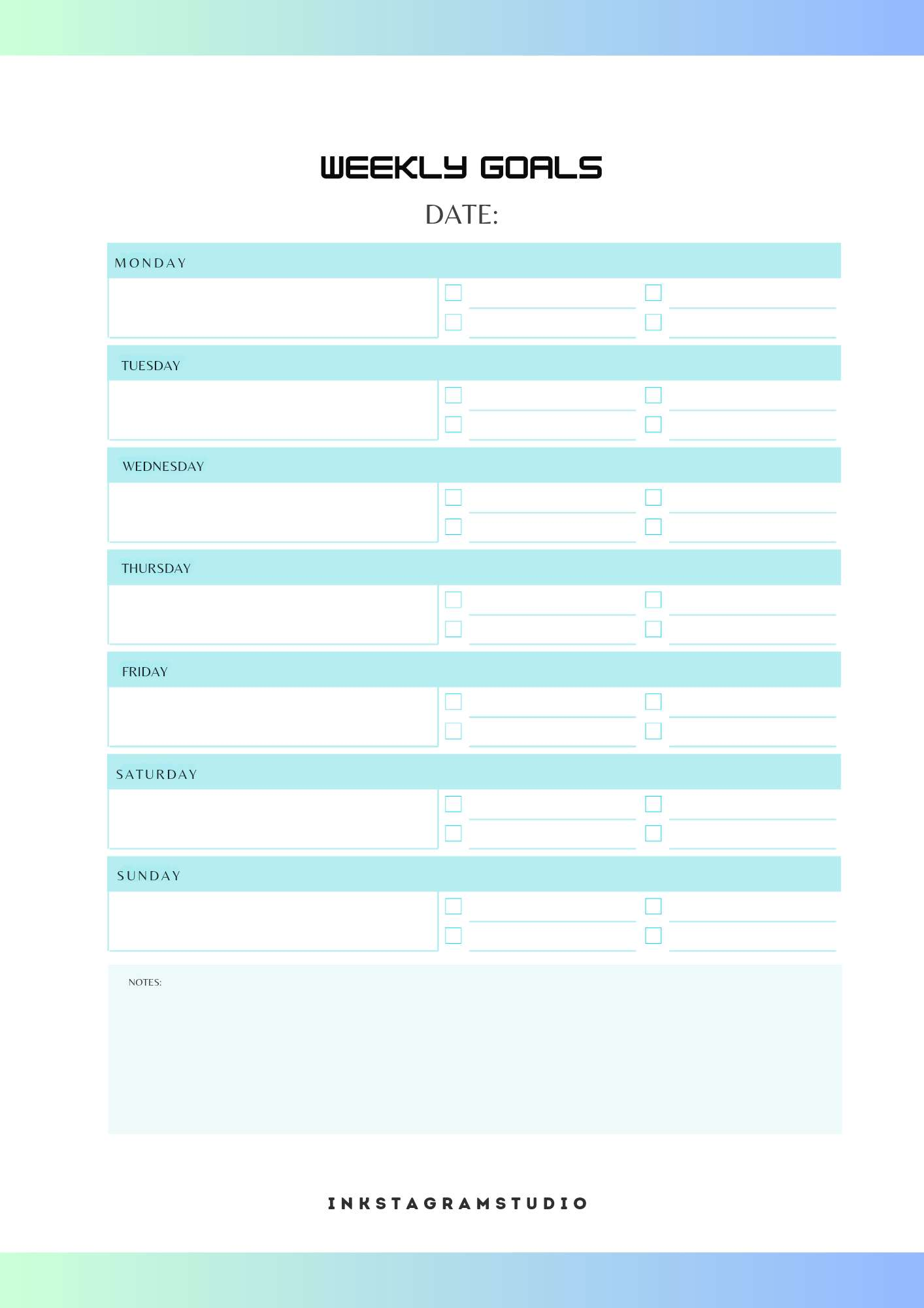 Blue and white weekly goals planner template with sections for each day and notes.