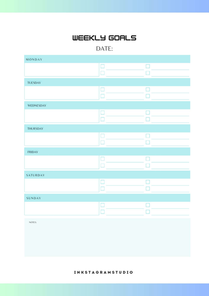 Blue and white weekly goals planner template with sections for each day and notes.