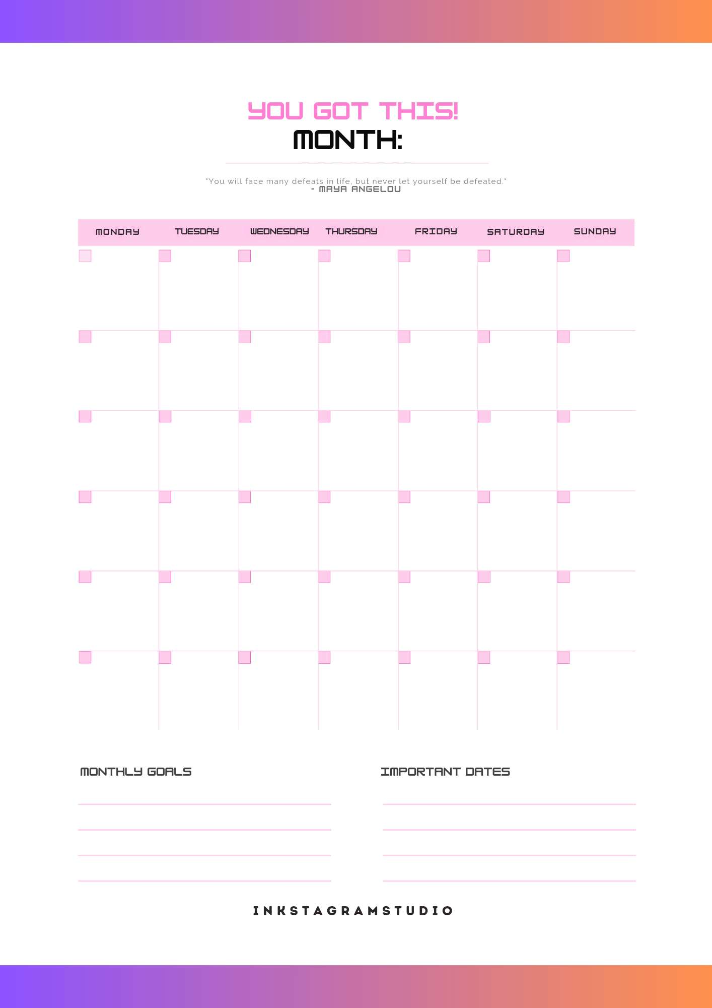 Digital Monthly Planner with monthly and weekly sections for organization and goal setting.