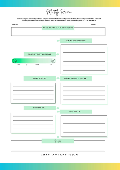 Monthly planner review page for productivity tracking and goal reflection, designed by Inkstagram Studio.