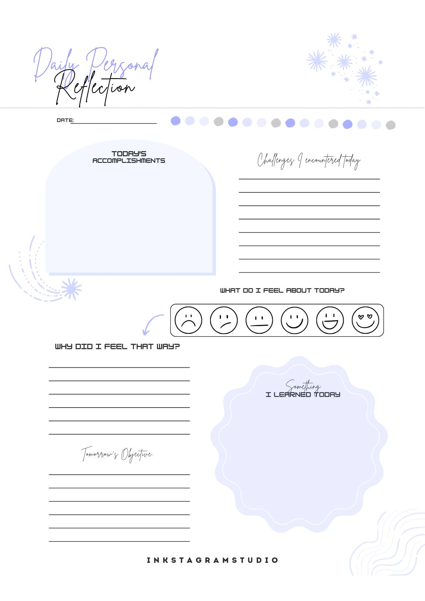 Daily personal reflection template for organizing accomplishments and feelings, designed for self-improvement.