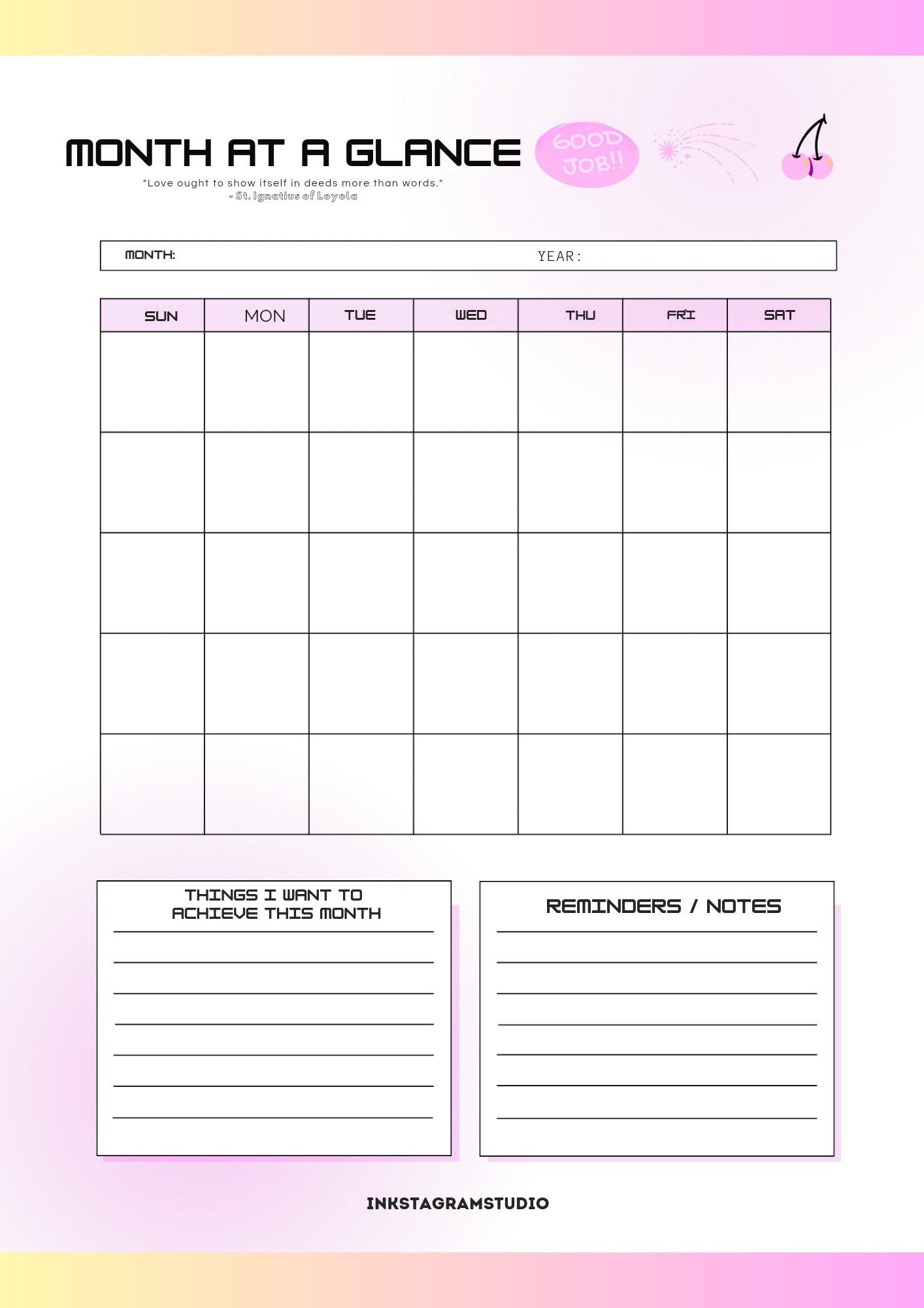 Digital Monthly Planner with monthly layout and goal-setting sections.