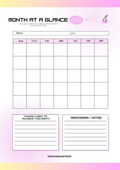 Digital monthly planner template featuring a month-at-a-glance layout with sections for goals and notes.