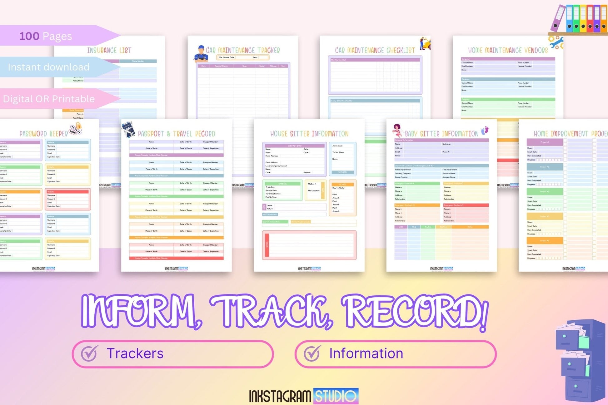 Family planner sheets for organizing and tracking household activities.