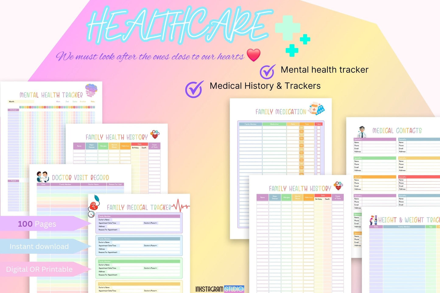 Family planner with mental health and medical trackers, ideal for organizing household schedules and communication.