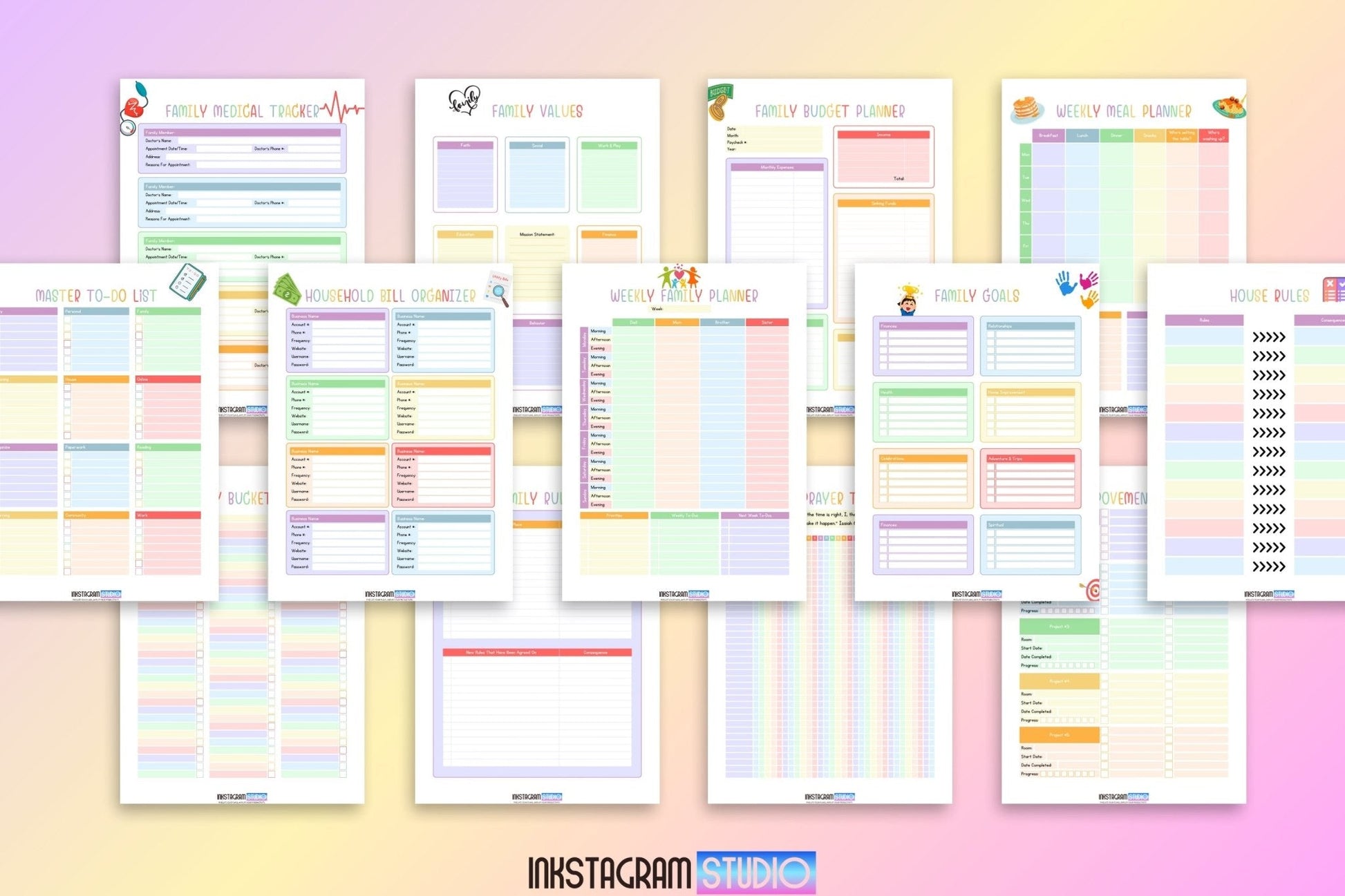 Family planner pages for organizing daily activities and schedules.