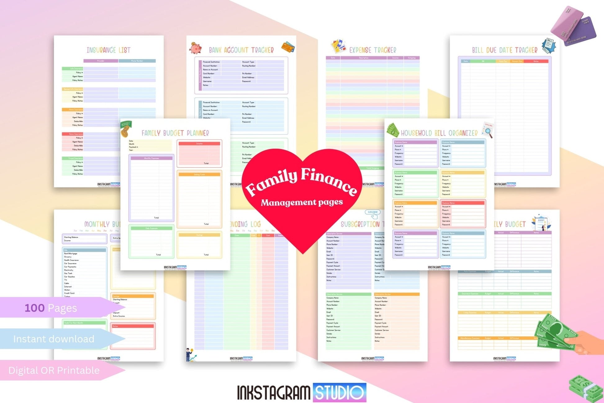 Family planner pages for organizing household activities and finances.