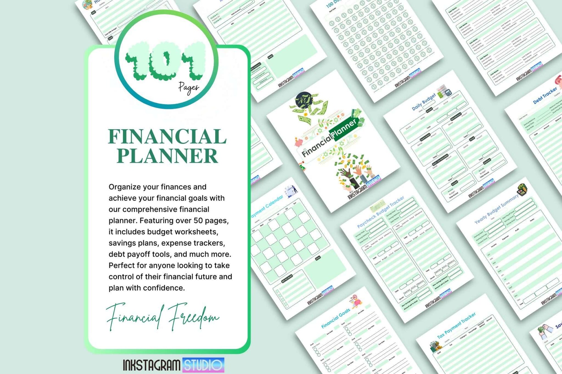 All-in-One Financial Planner with 101 pages featuring budget worksheets, expense trackers, and savings plans for personal finance management.