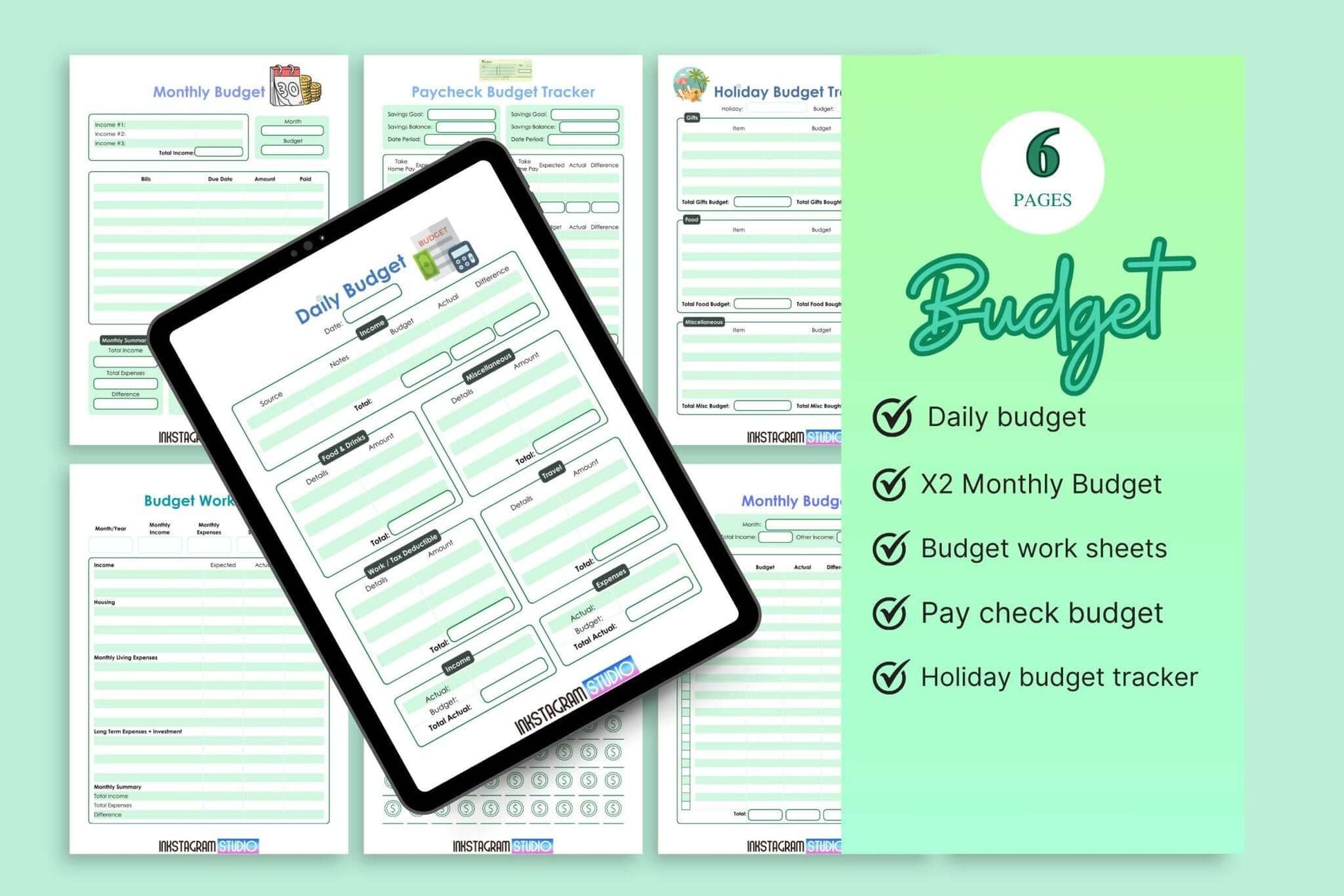 All-in-One Financial Planner with budget worksheets and trackers displayed on a tablet and pages in the background.