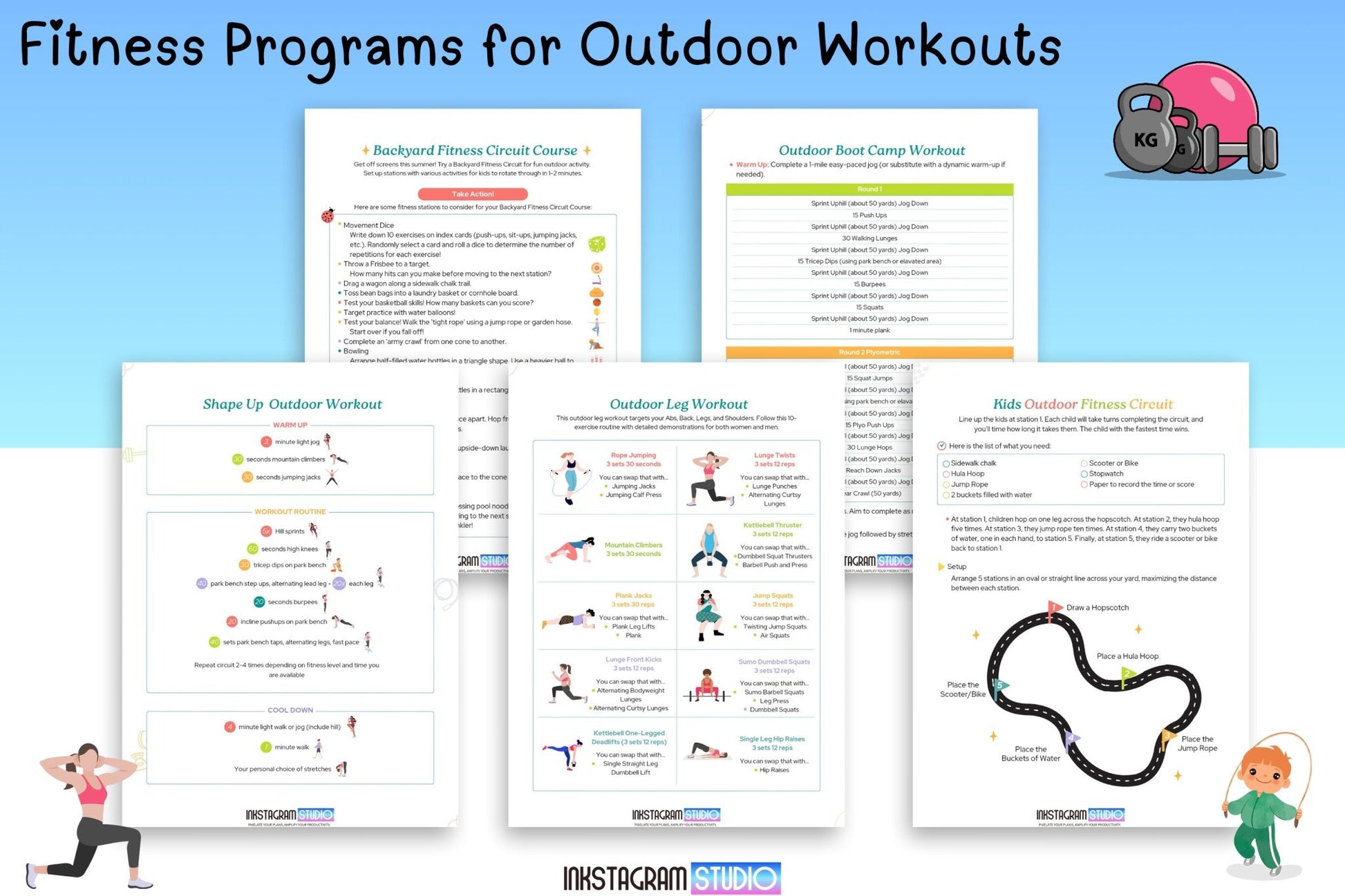 Outdoor fitness programs for adults and kids with exercise guides and challenges.