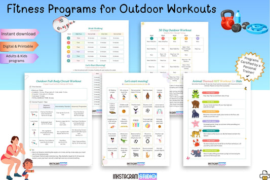 Outdoor fitness program guides promoting exercise in nature for kids and adults, featuring activities like HIIT and circuit workouts.