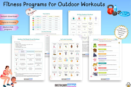 Outdoor Fitness Planner pages showcasing fitness programs for outdoor workouts, featuring adult and kids exercises.