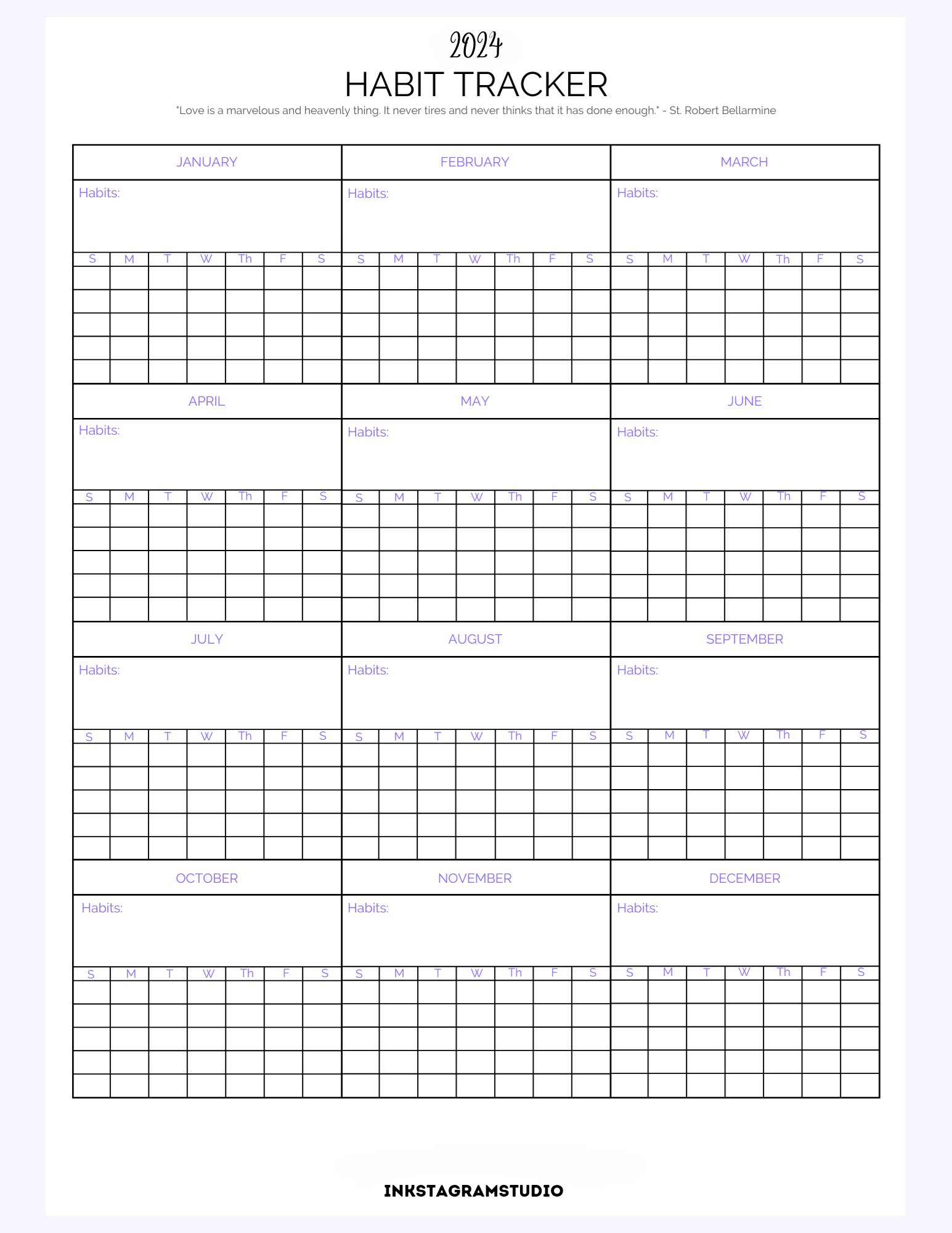 2024 Habits Tracker planner for building and monitoring daily habits.