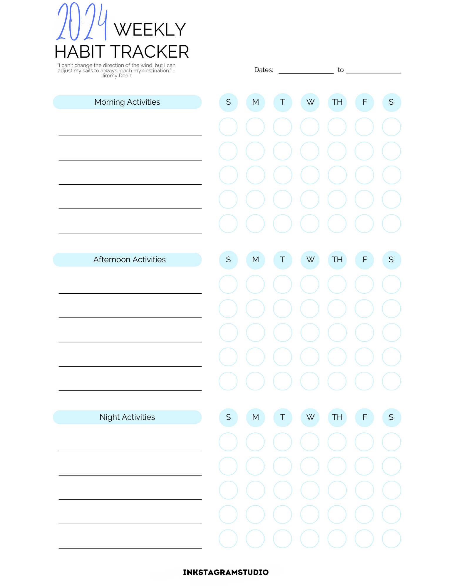 2024 weekly habits tracker planner for monitoring daily activities and progress.