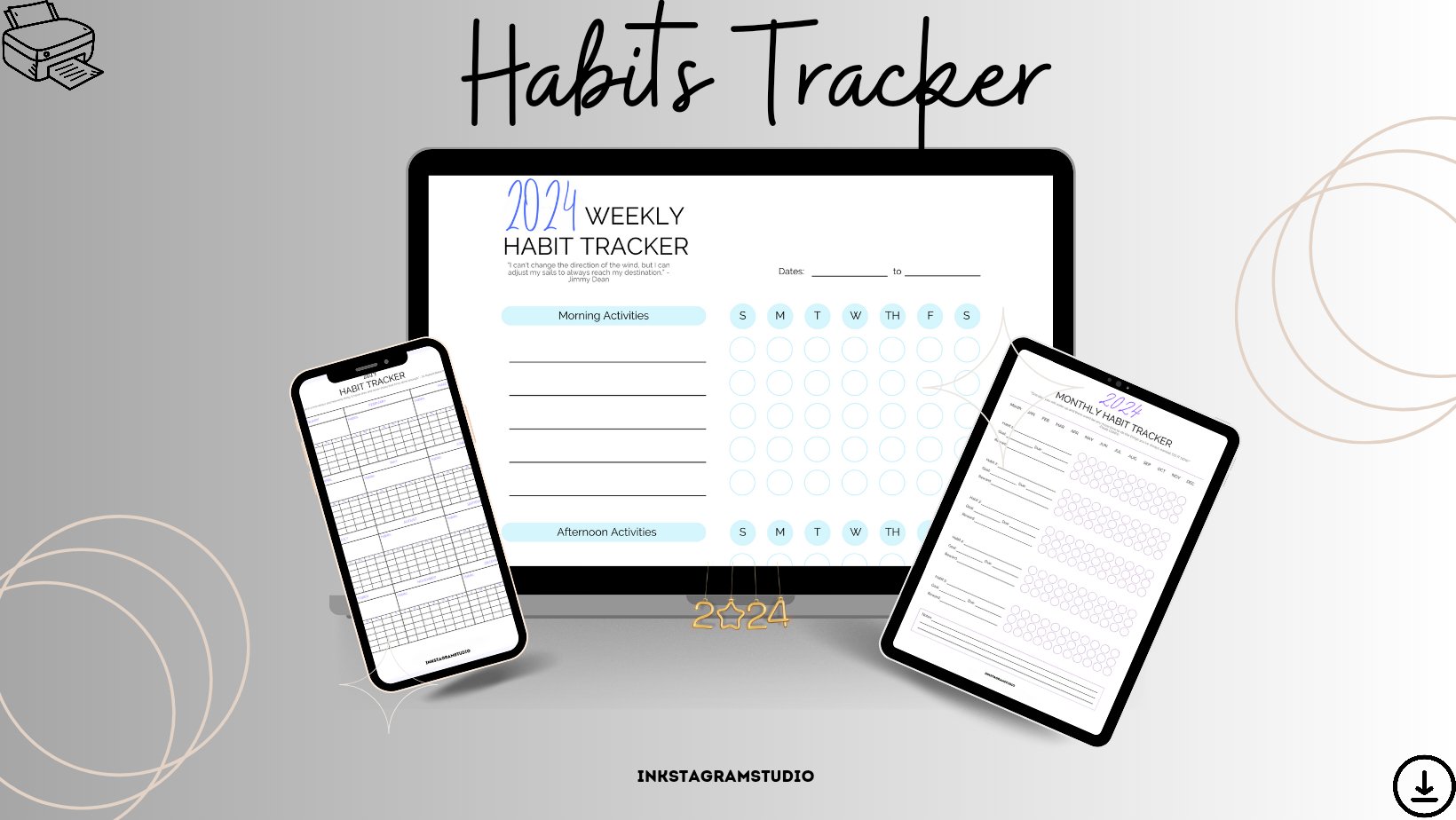 Habits Tracker displayed on smartphone, tablet, and laptop screens for monitoring daily goals.