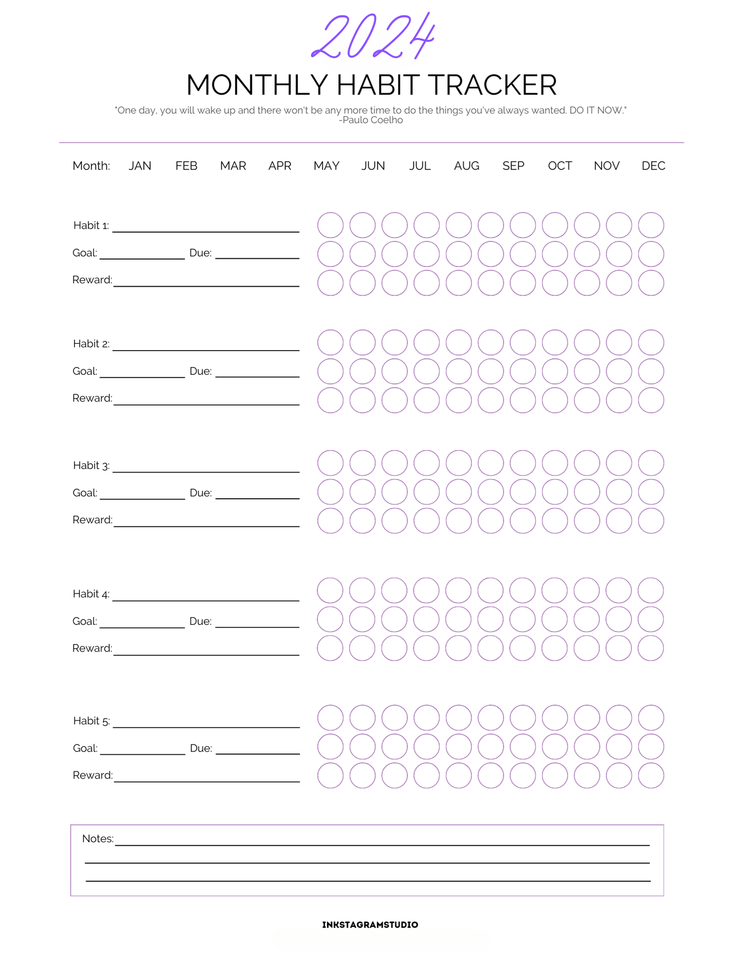 2024 Monthly Habits Tracker Planner for Personal Goals