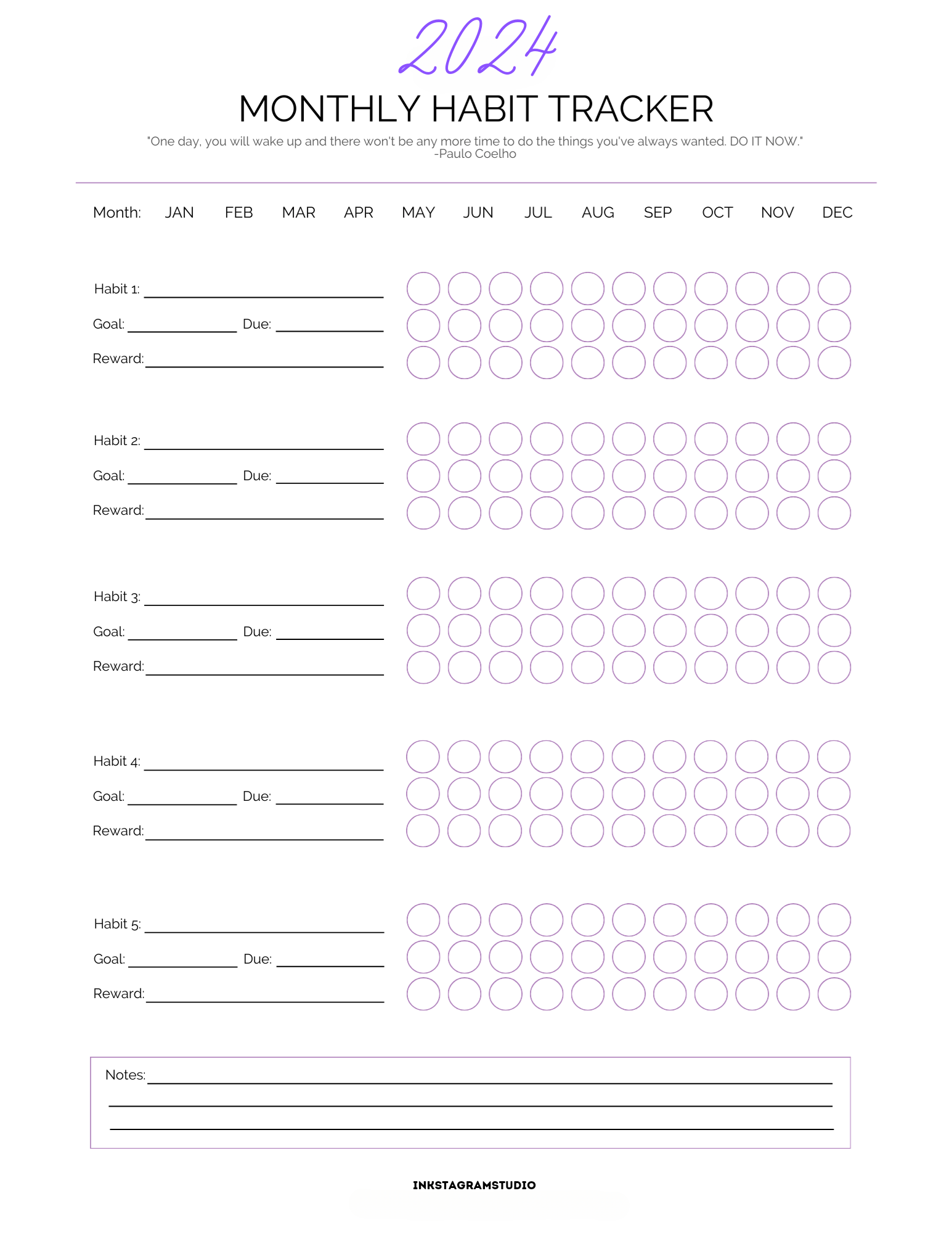 2024 Monthly Habits Tracker Planner for Personal Goals