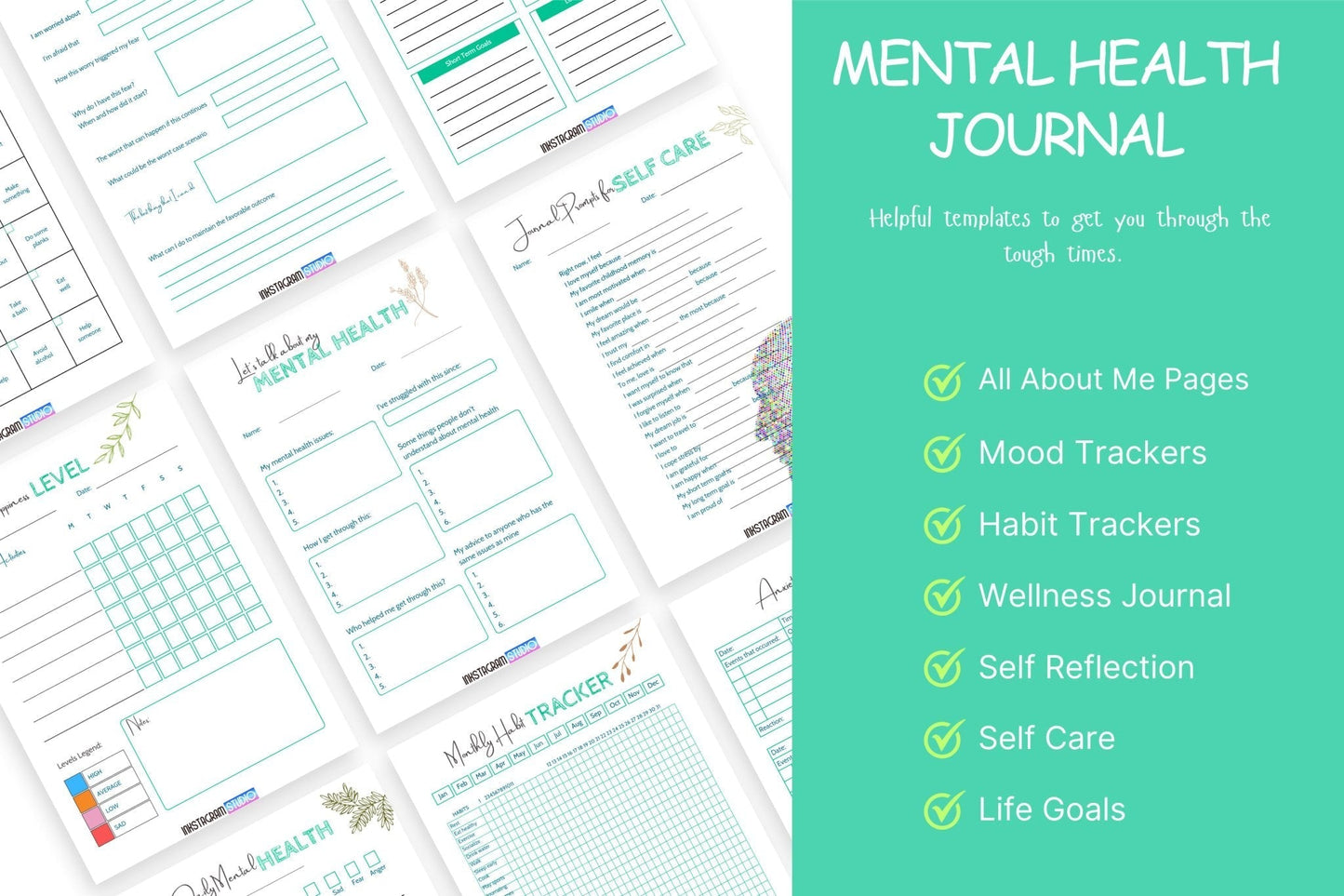 Mental Health Journal with templates includes All About Me, Mood and Habit Trackers, Wellness Journal, Self Reflection, Self Care, and Life Goals sections.