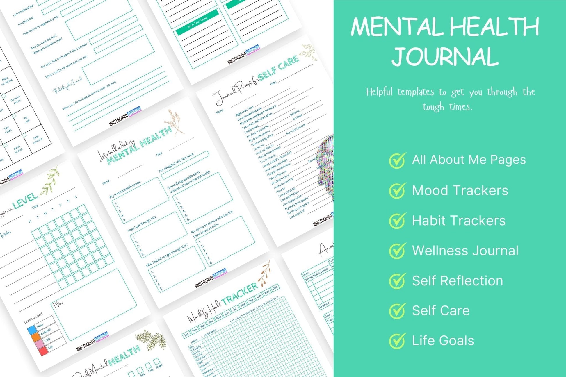 Mental Health Journal with templates includes All About Me, Mood and Habit Trackers, Wellness Journal, Self Reflection, Self Care, and Life Goals sections.