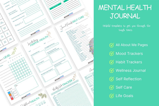 Mental Health Journal with templates includes All About Me, Mood and Habit Trackers, Wellness Journal, Self Reflection, Self Care, and Life Goals sections.