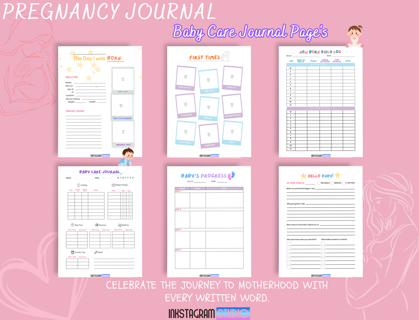 Pregnancy journal pages, including birth logs, milestones, meal planner, and self-care checklists for expecting mothers.