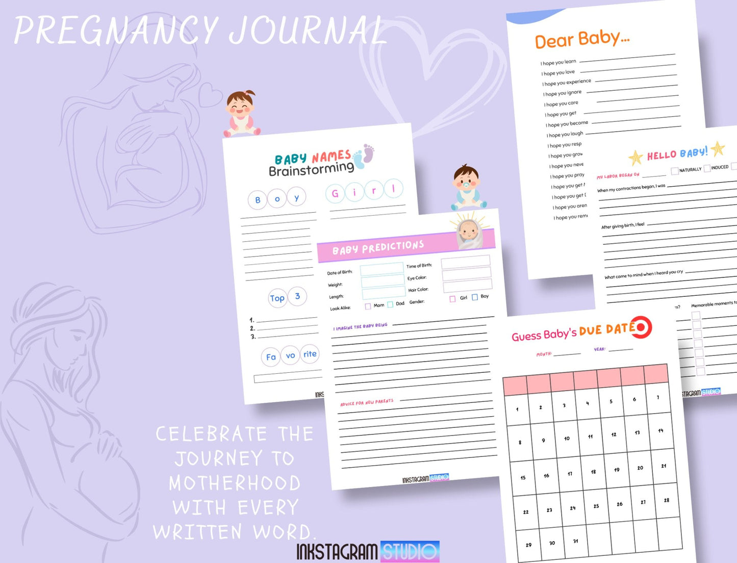 Pregnancy Journal pages featuring baby names, predictions, and milestone trackers.