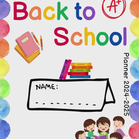 Colorful back to school planner cover for kids and teachers, featuring fun illustrations and 2024-2025 dates.