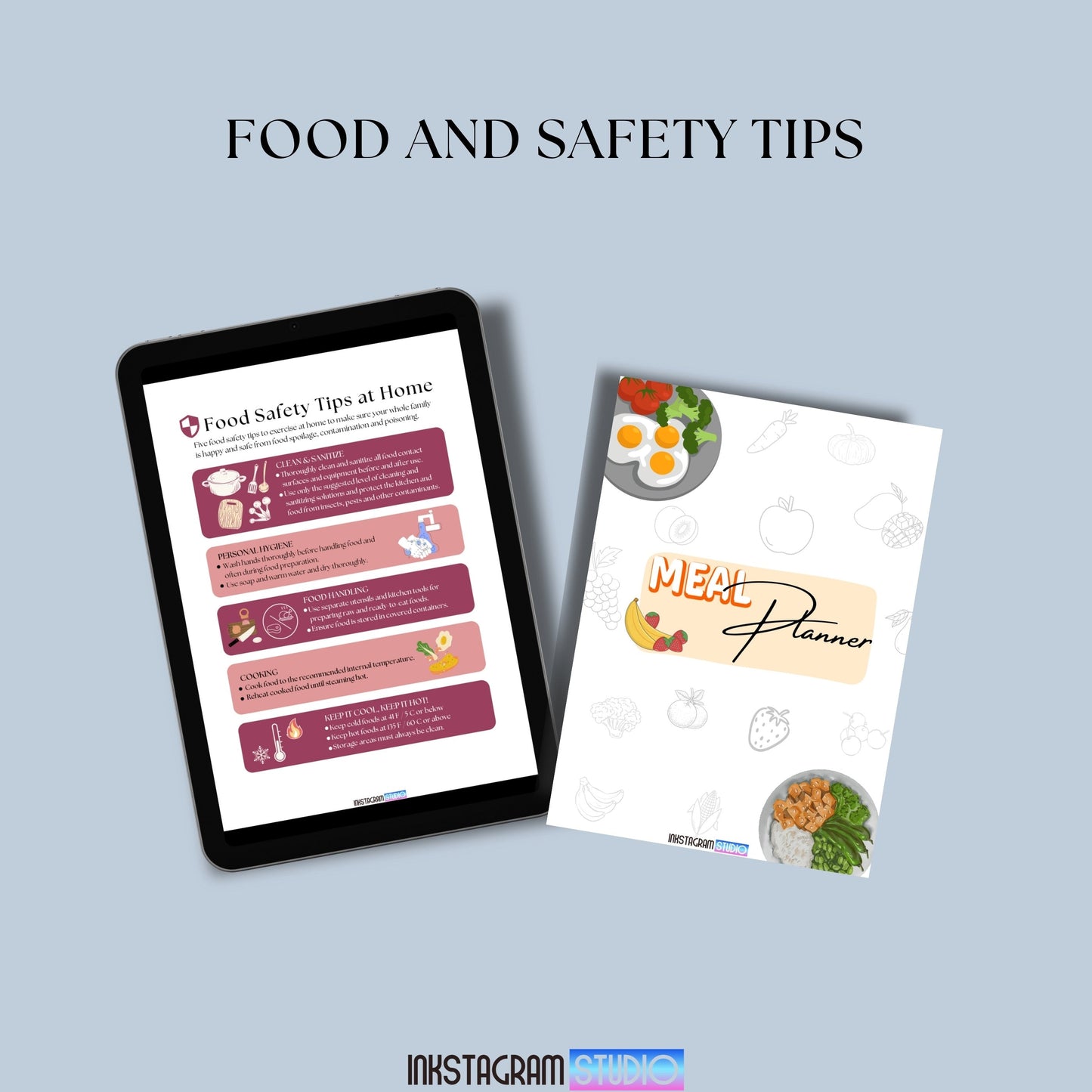 Ultimate Meal Planner digital guide displayed on a tablet and cover page, focuses on food safety tips and easy meal prep and organization.