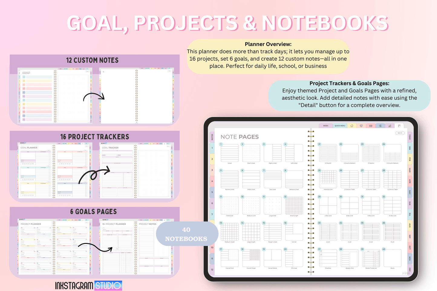 Rainbow Digital Planner for productivity, featuring project trackers, goal pages, and customizable notes. Ideal for daily life and business.