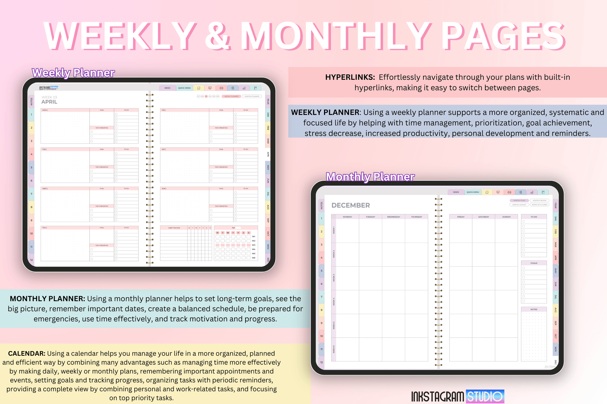 Rainbow Digital Planner with customizable weekly and monthly layouts featuring built-in hyperlinks for seamless navigation.