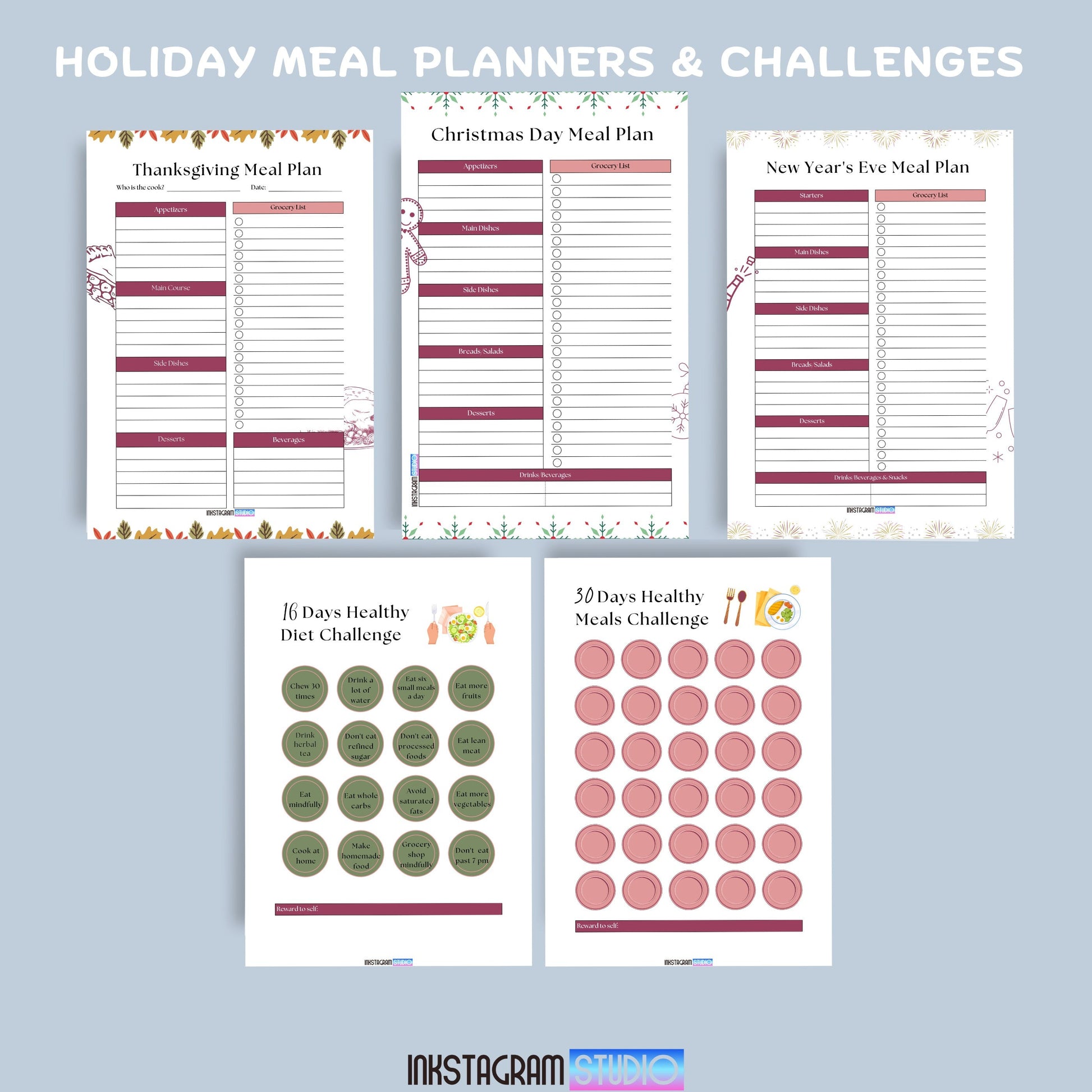 Holiday meal planners and healthy meal challenge templates from the Ultimate Meal Planner for easy meal prep and organization.