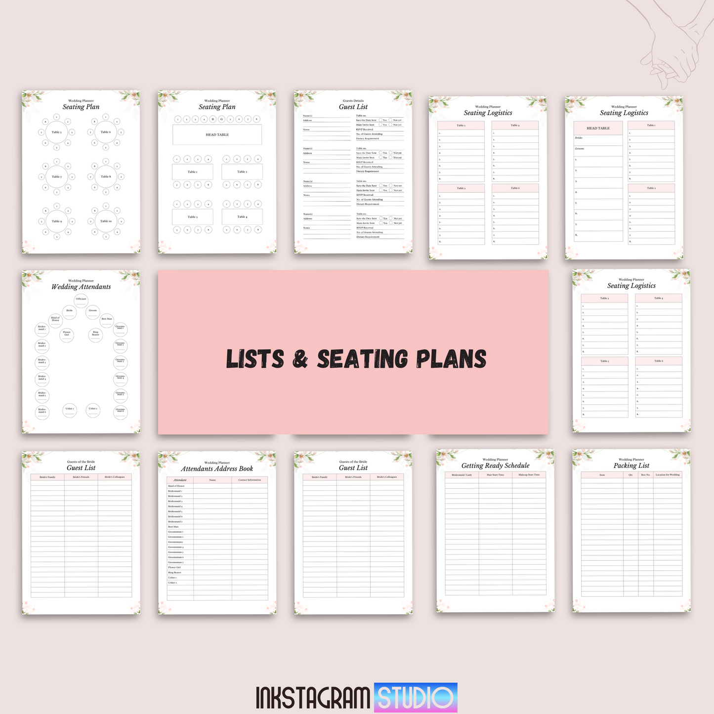 Ultimate Wedding Planner pages showing lists and seating plans for wedding organization.