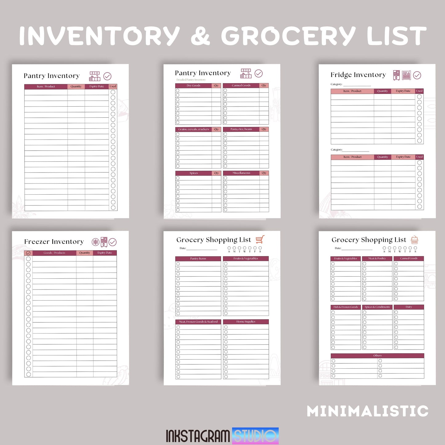 Inventory and grocery list templates for easy meal prep and organization.