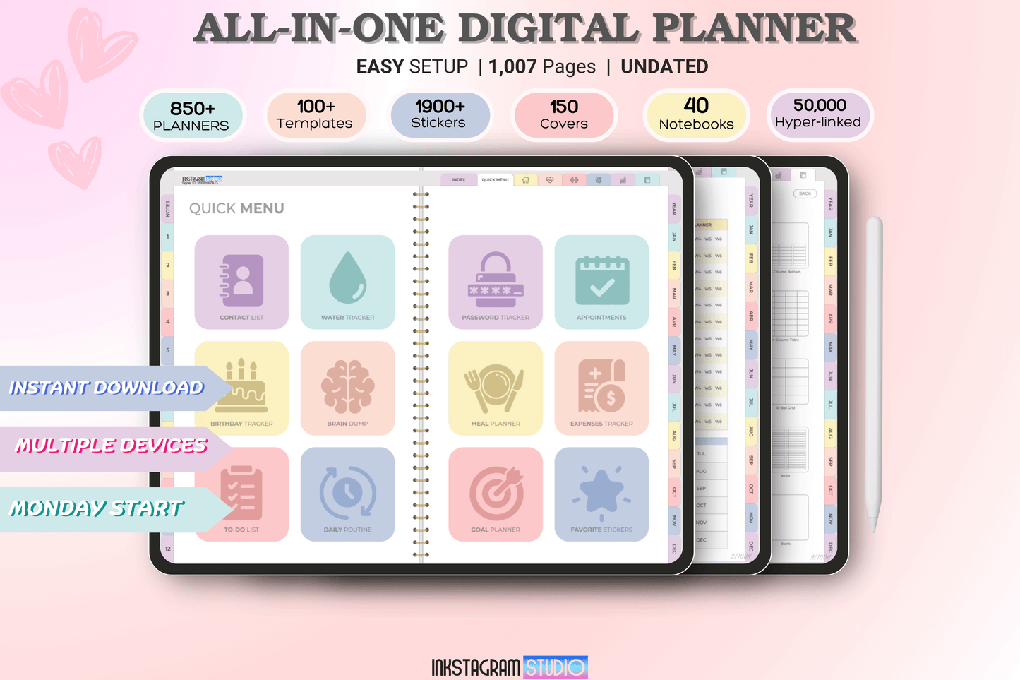 All-in-One Rainbow Digital Planner with 850+ layouts, 1900+ stickers, and 150 covers for productivity and eco-friendly planning.