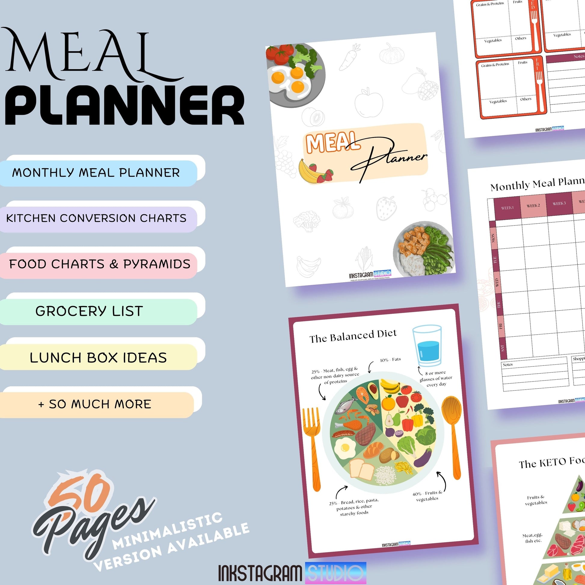 Ultimate Meal Planner guide with meal prep and organization features, including kitchen conversion charts, food safety tips, grocery lists, and lunchbox ideas.