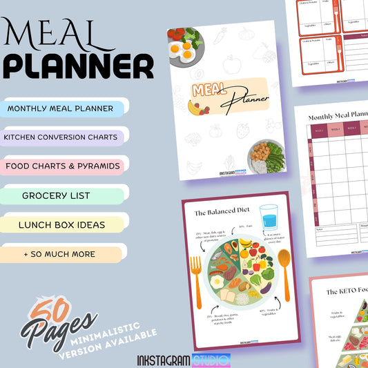 Ultimate Meal Planner guide with meal prep and organization features, including kitchen conversion charts, food safety tips, grocery lists, and lunchbox ideas.