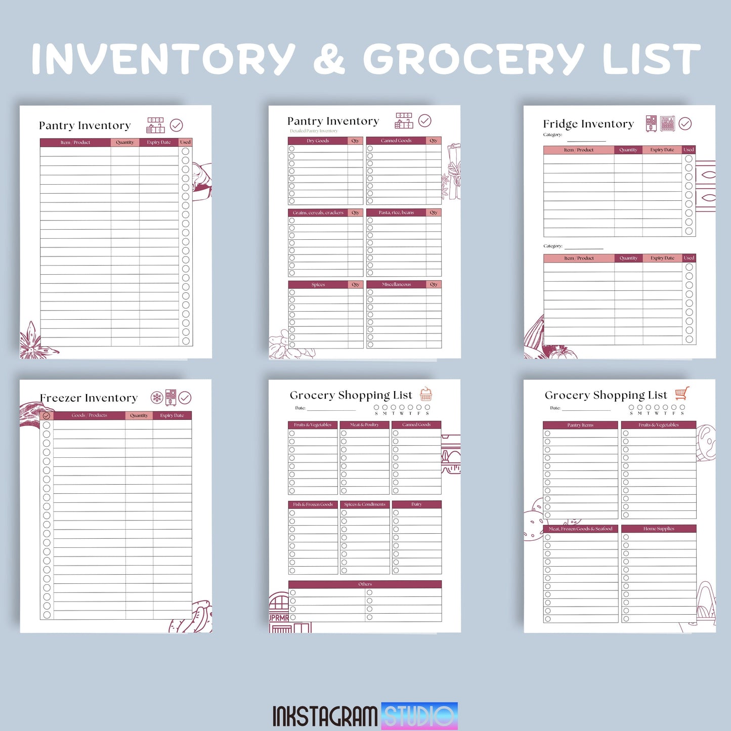 Inventory and grocery list templates for easy meal prep and organization.