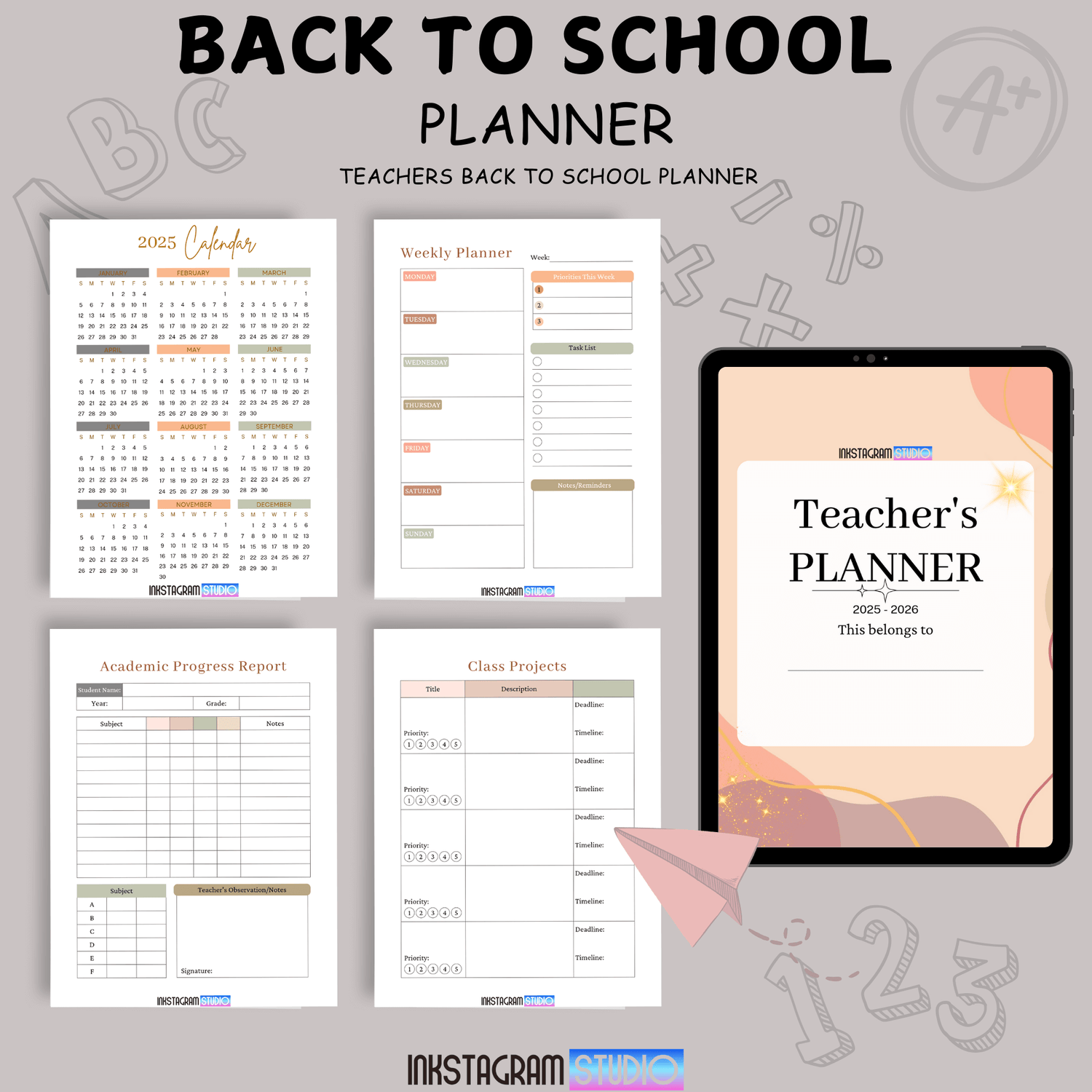 Back to school planner for teachers featuring calendar, weekly planner, and academic progress report.