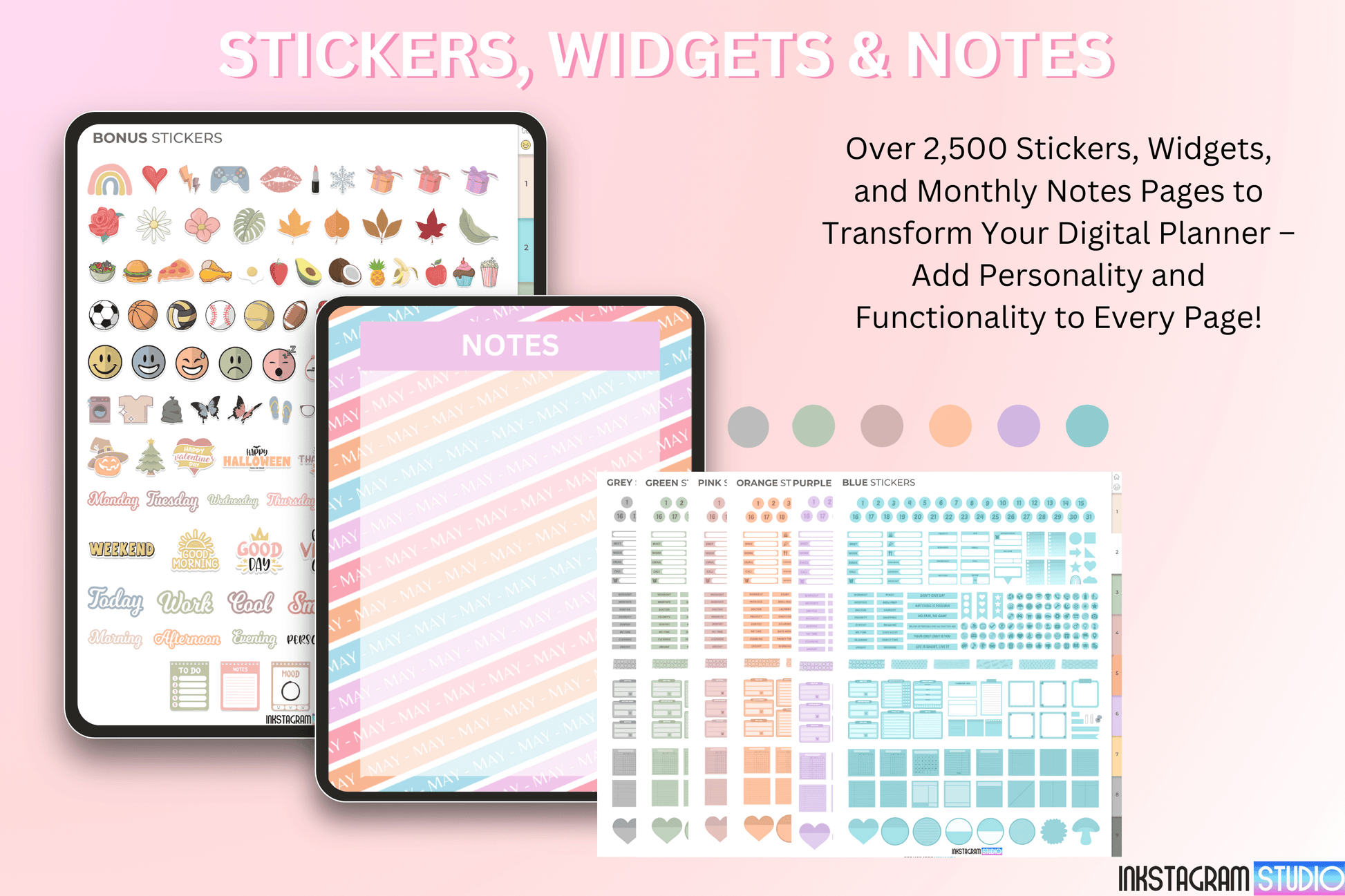 Stickers and widgets for rainbow digital planner with over 2,500 items to customize pages.