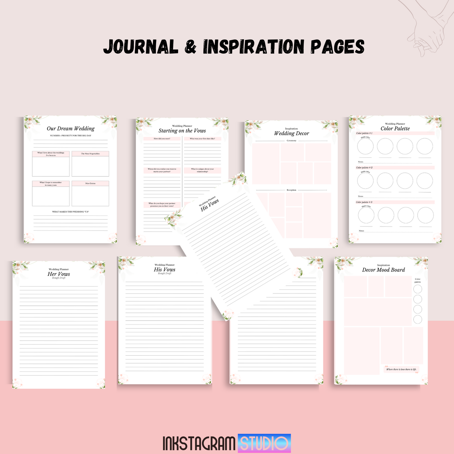 Ultimate Wedding Planner journal and inspiration pages layout.