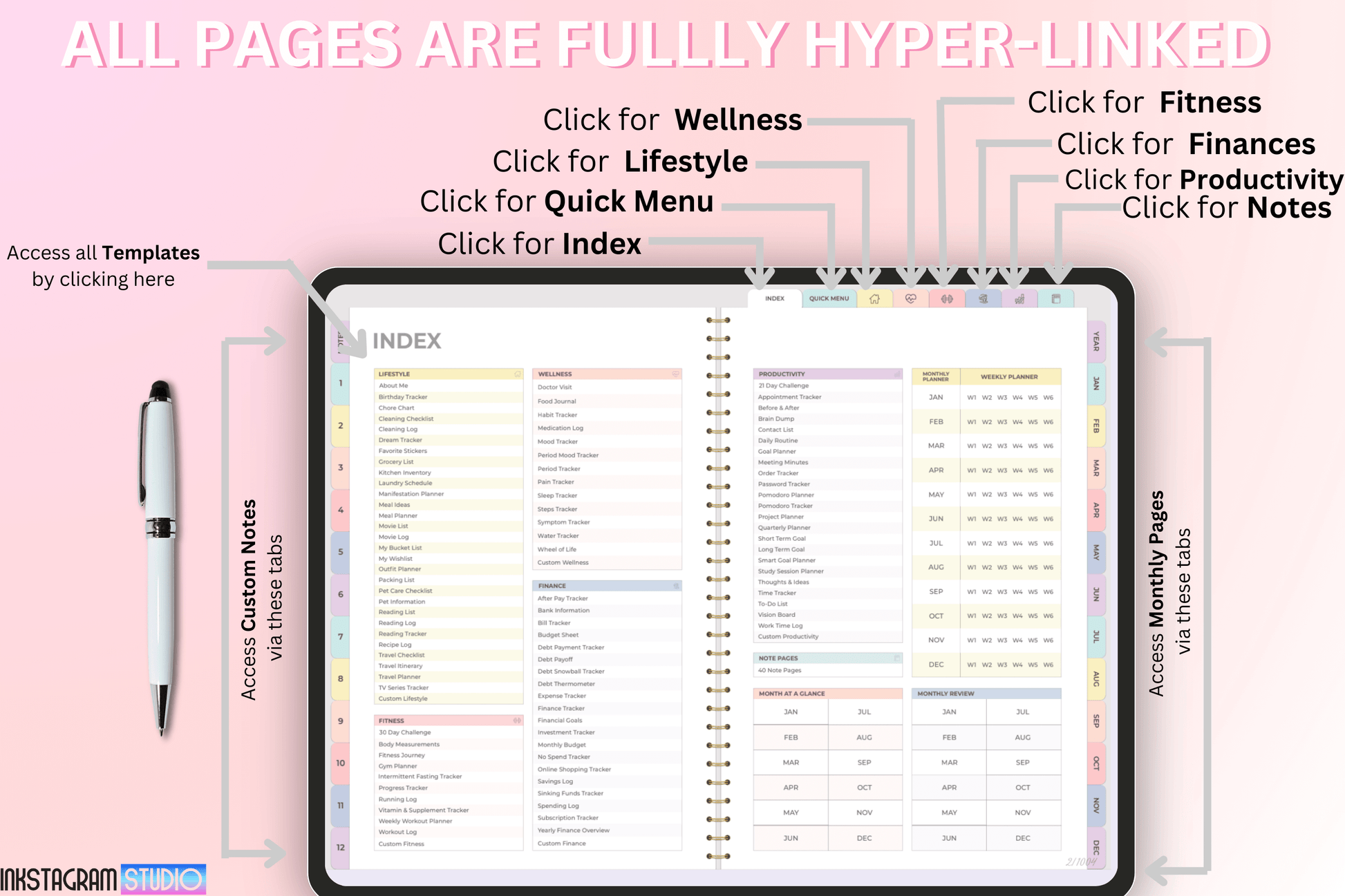 All-in-One Rainbow Digital Planner with fully hyperlinked pages, customizable templates, and productivity features. Perfect for digital planning on tablets and mobile devices.