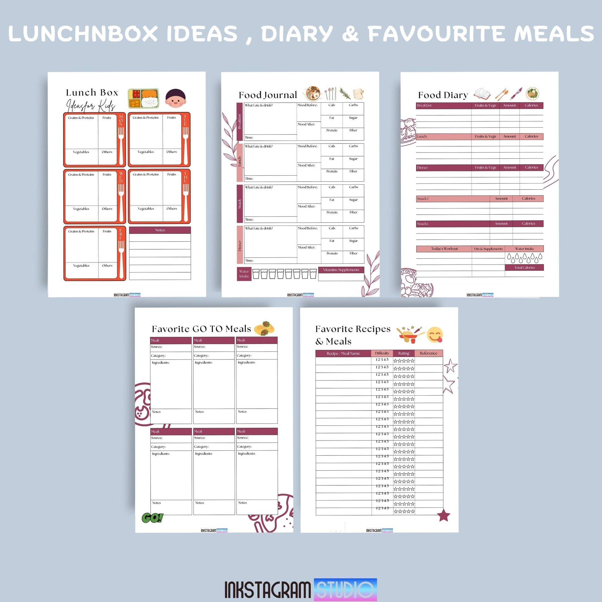 Ultimate Meal Planner pages for easy meal prep, including lunchbox ideas, food diary, and favorite meals.