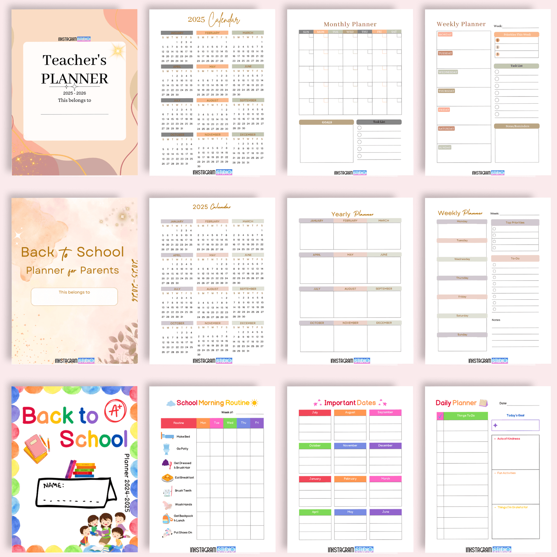 Colorful planner bundle for Back to School, featuring various templates for kids, parents, and teachers.