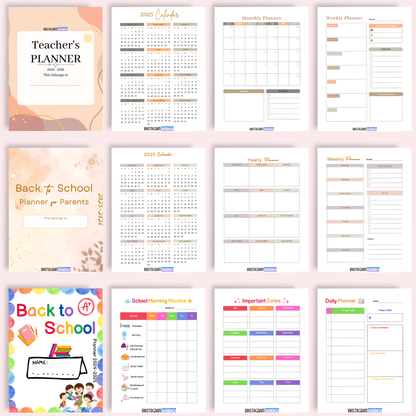 Colorful planner bundle for Back to School, featuring various templates for kids, parents, and teachers.