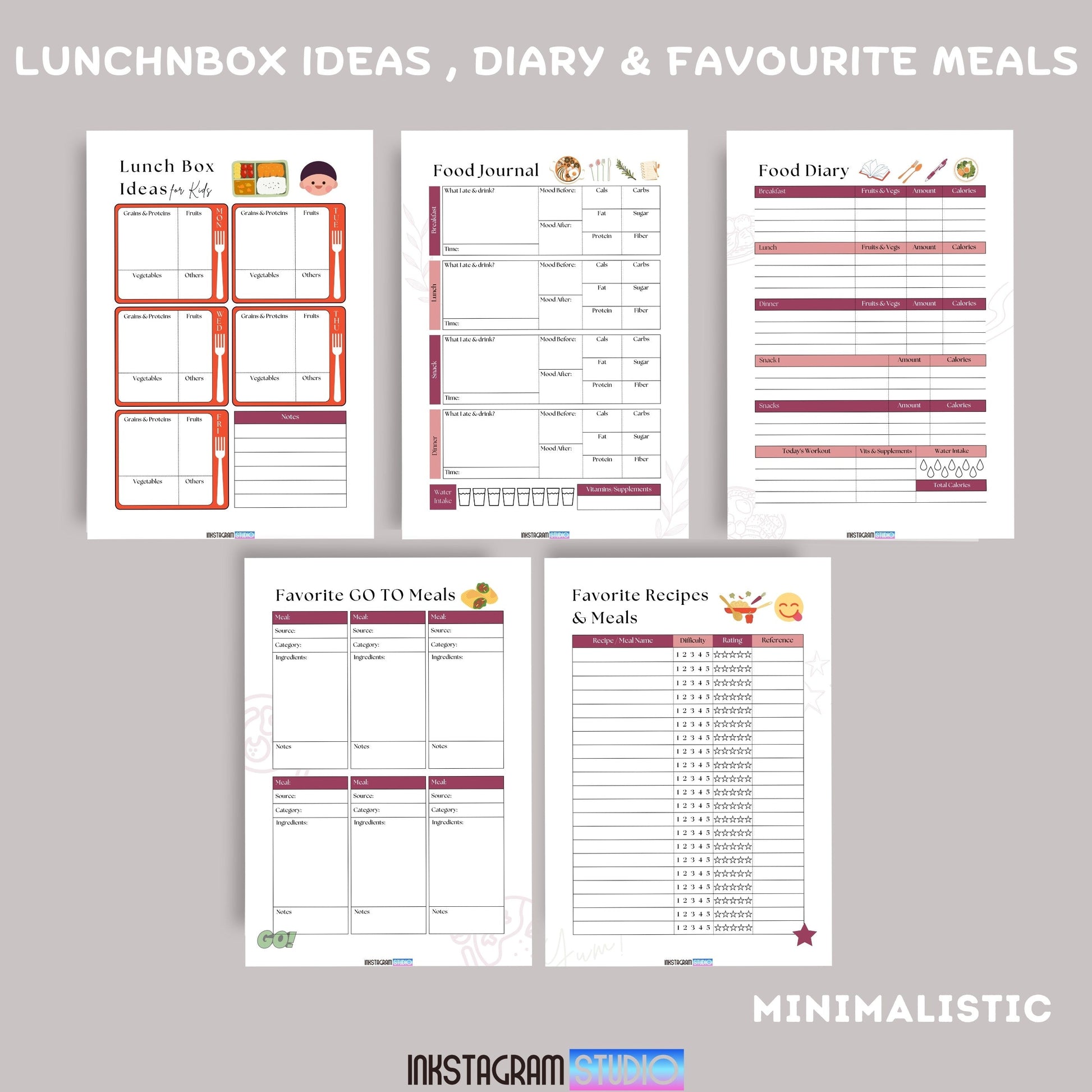 Ultimate Meal Planner pages showcasing lunchbox ideas, food diary, favorite meals, and recipe planner for easy meal prep and organization.