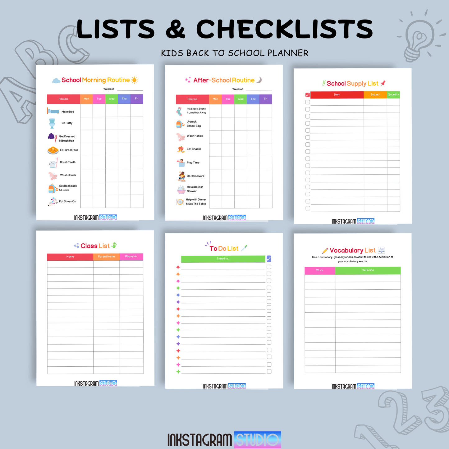 Kids back to school planner showing lists and checklists for routines, supplies, classes, tasks, and vocabulary.