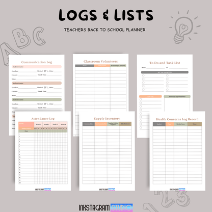 Logs and lists for a teacher's back to school planner, including communication log, attendance, and task lists.