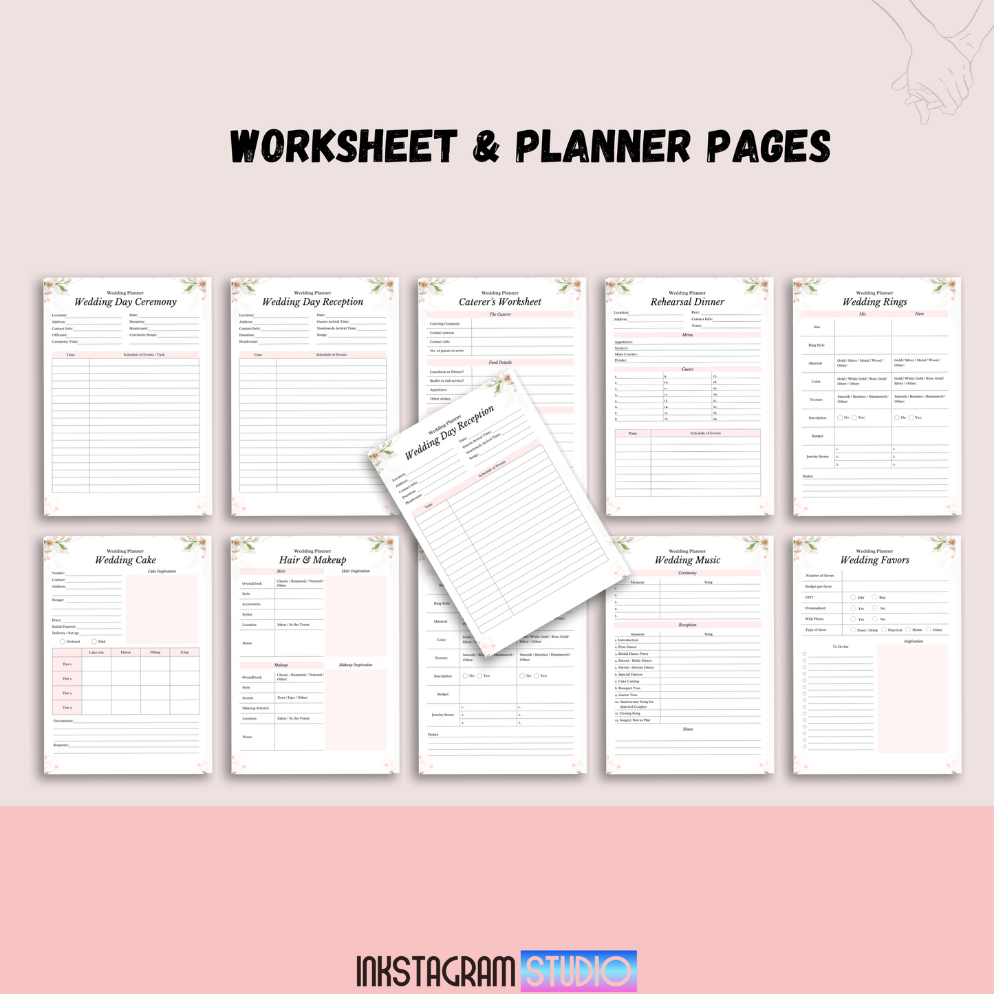 Ultimate Wedding Planner worksheet and planner pages showcasing organization tools for weddings.