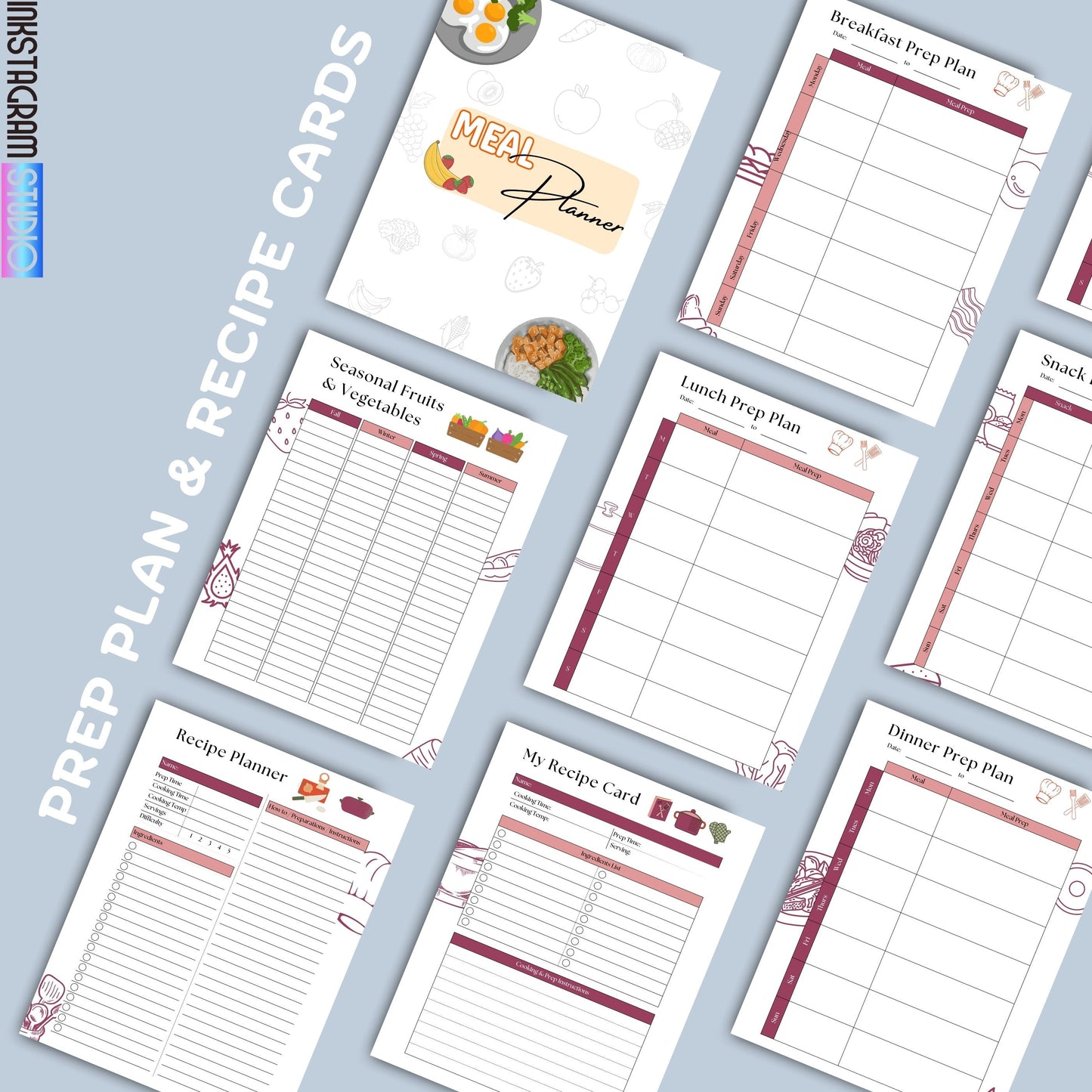 Ultimate Meal Planner pages showcasing prep plans, recipe cards, and seasonal produce for easy meal prep and organization.