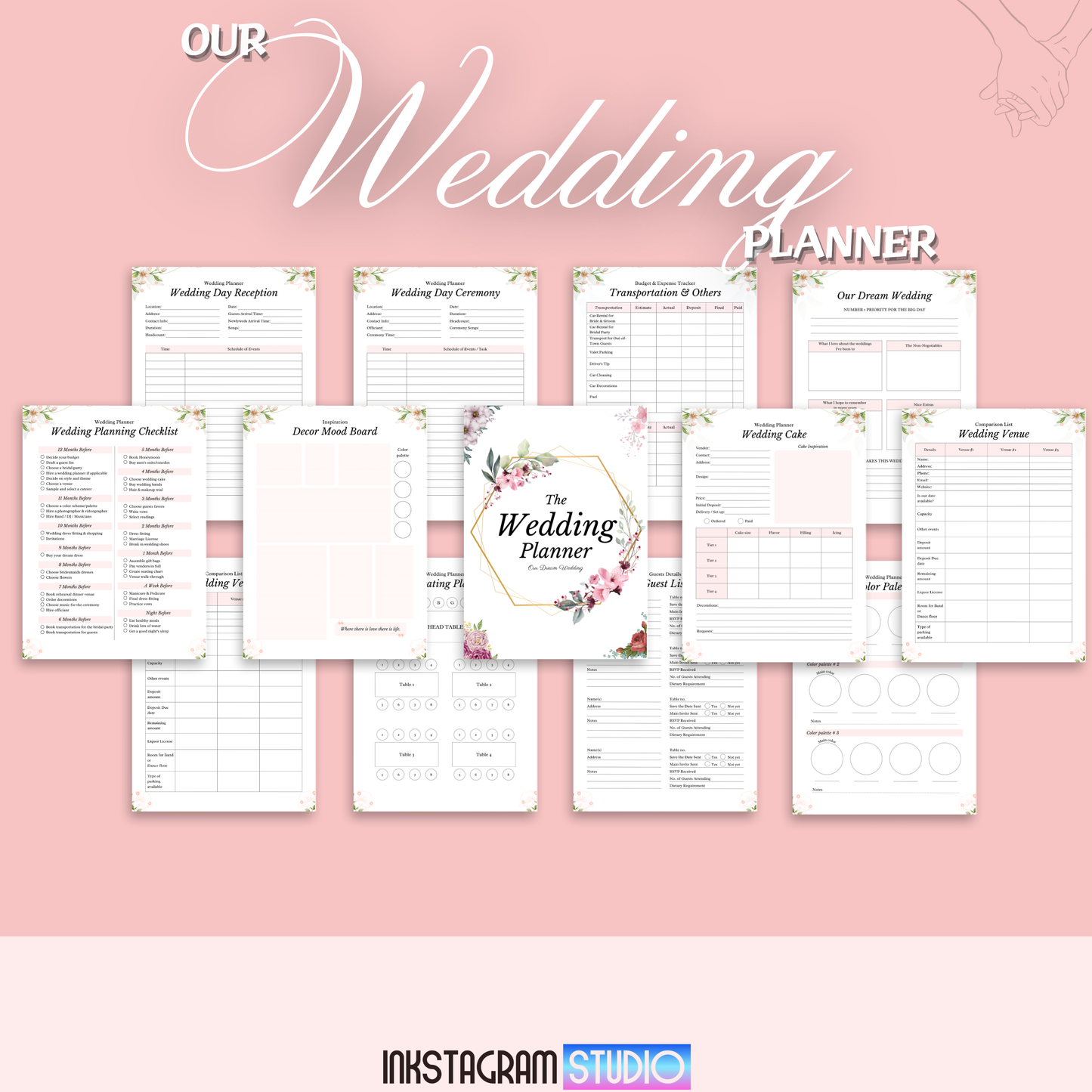 The Ultimate Wedding Planner guide with planning checklists, timelines, and decor inspiration on a pink background.